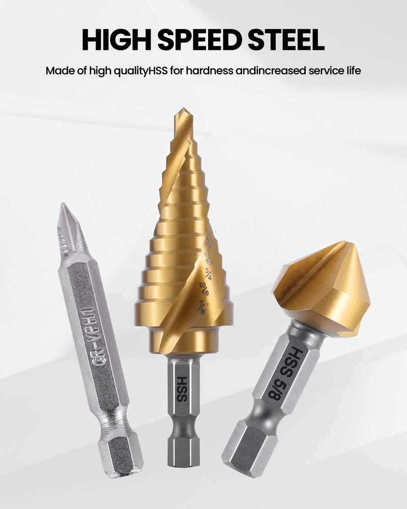 17-Piece Hex Shank Drill Bit Set, HSS Step, Countersink, Twist, Screwdriver & Punch Bits with Storage Case, for Metal/Wood/Plastic, DIY Gift for Homeowner & DIYer