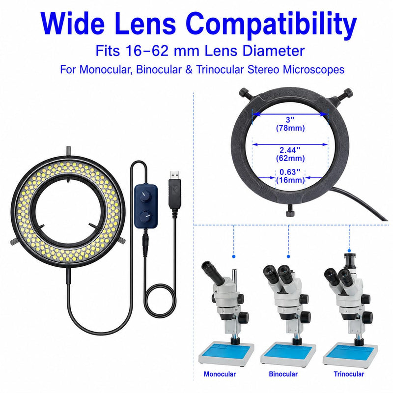 Microscope LED Ring Light Illuminator, USB 5V 144 LED Color Temperature Adjustable, 4 Zone RGB, Focus Lamp Source for Monocular Binocular Trinocular Stereo Microscope Vision Scientific (144 CW WW) 144 LED CW WW
