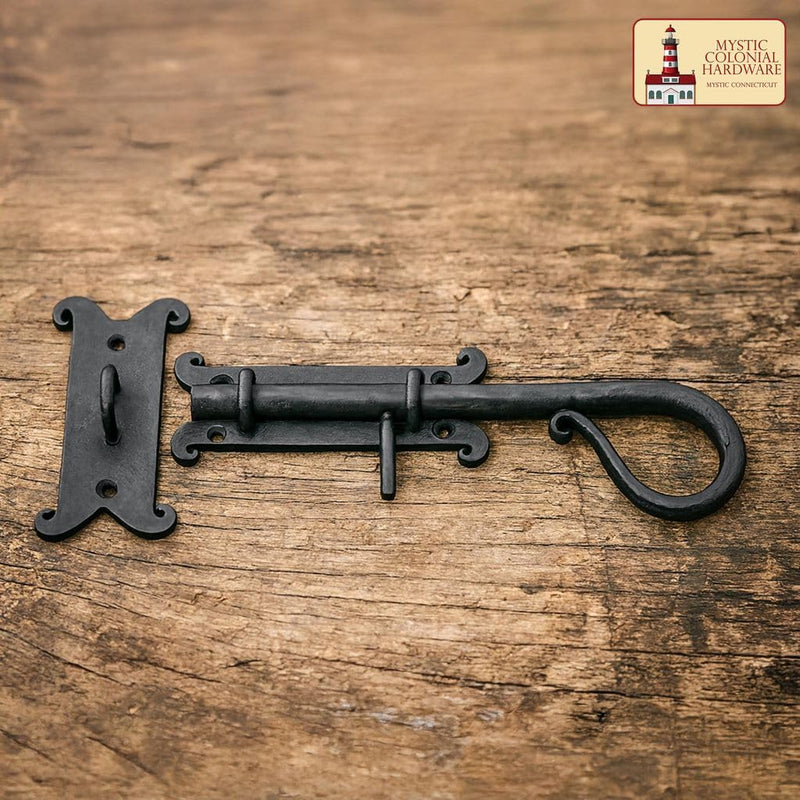 Medieval Hand-Forged Iron Surface Bolt Latch – 1 Pc Flush Mount Sliding Pin Lock | (3 in × 8 in) Rustic Curled Tail Design, Black Finish for Doors, Gates, Cabinets & Shutters 199-8