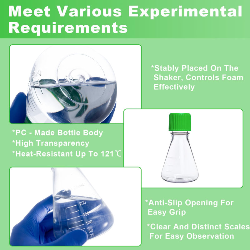 250ml Plastic Erlenmeyer Flask, 6Pcs 8oz Sterile Polycarbonate (PC) Conical Cell Culture Flask with Vent Cap for Lab Chemistry Science, Individually Wrapped, Graduated, 0.22 μm PTFE, Flat Bottom 250mL 6