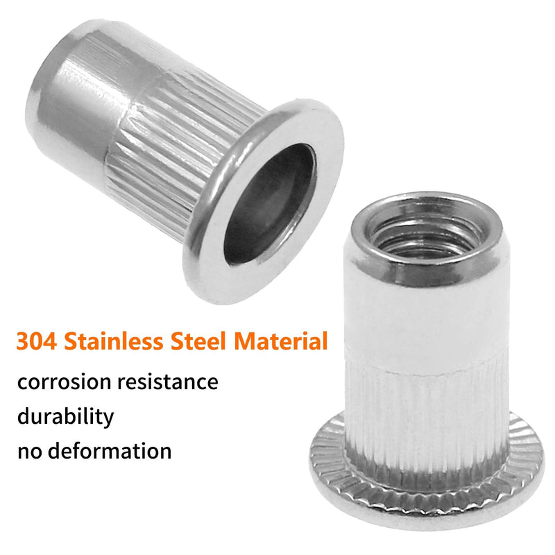 60Pcs M6 Rivet Nuts, Bonsicoky 304 Stainless Steel Flat Head Rivnut Threaded Insert Nutsert Knurled Blind Rivet Nut M6-60Pcs
