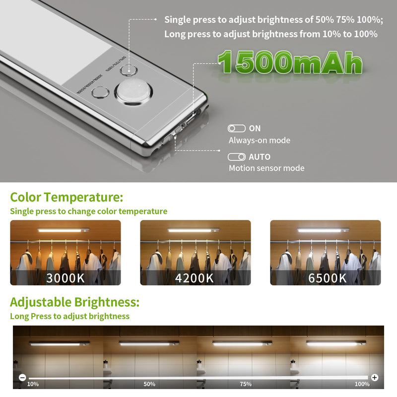 Under Cabinet Lights, 2 Pack Motion Sensor Light Indoor Rechargeable Closet Light for Kitchen, Bathroom (10 inch) 10 inch