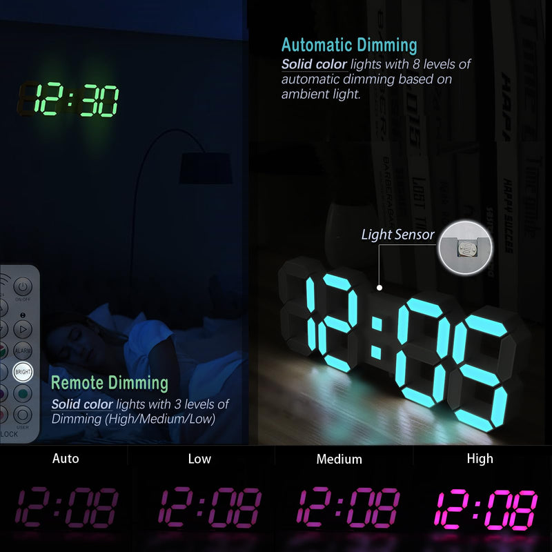KOSUMOSU LED Wall Clock 15" RGB Digital LED Clock for Living Room Decor, Large Display Gaming Room Clocks, Dimming/12/24 Hr Time/Date/Temp/Remote (White Clock with Neon Light) 15in Wall Clock-neon Light