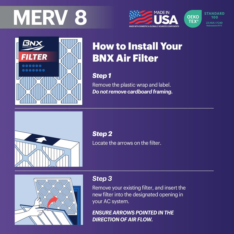 BNX TruFilter 14x14x1 Air Filter MERV 8 (6-Pack) - MADE IN USA – Dust & Pet Defense Pleated Air Conditioner HVAC AC Furnace Filters for Dust, Pet, Mold, Pollen MPR 600 – 700 & FPR 5 14x14x1 6-Pack