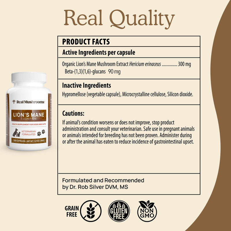 Real Mushrooms Lion’s Mane Pet Mushroom Supplement – Pet Wellbeing Capsules – for Cat & Dog Supplement & Vitamins – Support Mindful Routines – Organic, Vegan, Non-GMO, 120 Count Capsule