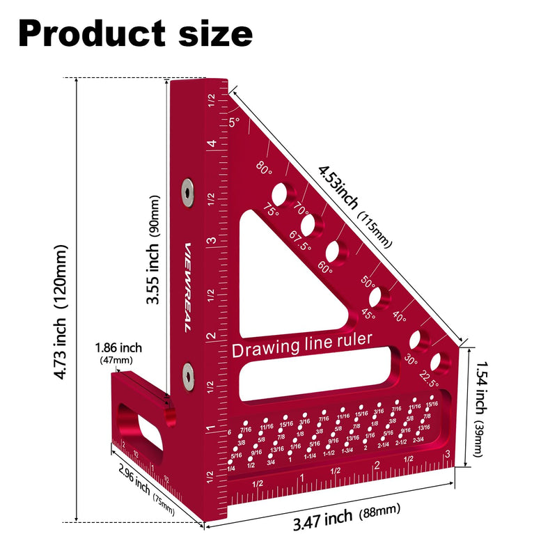 Premium Carpenter Square Hole Scribing Ruler Woodworking Square 22.5-90 Degree Measuring Ruler with Angle Pin,Versatile Multi Angle Square for Woodworking, Engineering, and Construction Red