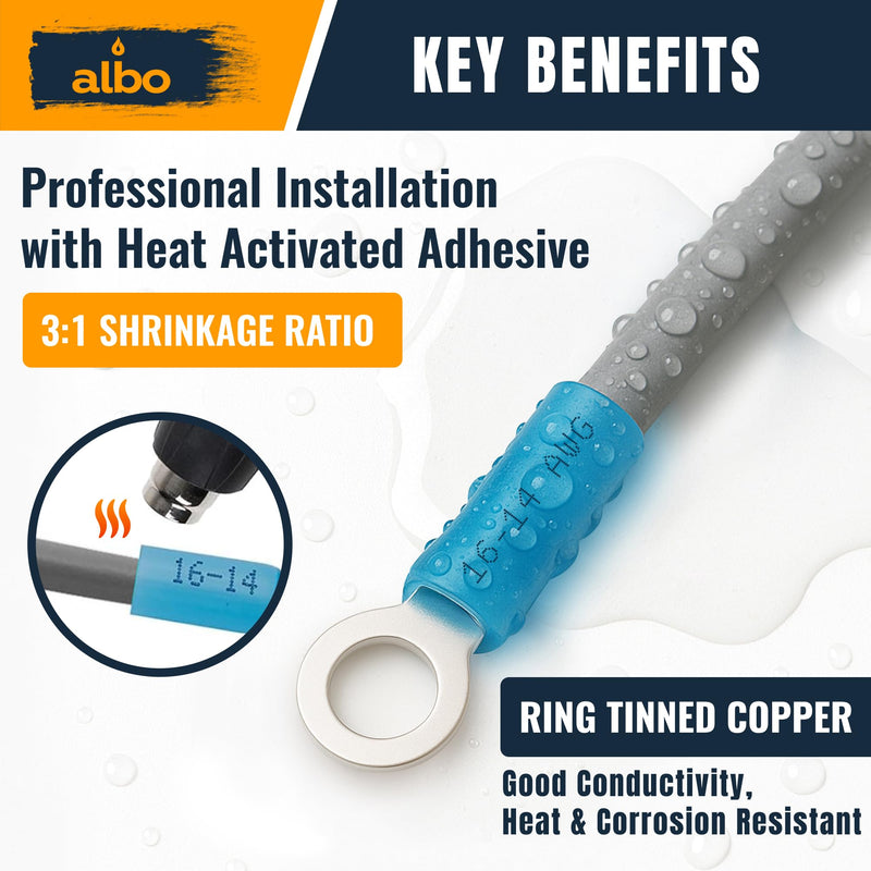 ALBO 500PCS Heat Shrink Ring Terminal Kit – Wire Terminal Connectors Assortment for 22-10 AWG, Waterproof Electrical Connectors Set – Tinned Copper Electrical Ring Terminals Set AWG 22-10 500 pcs