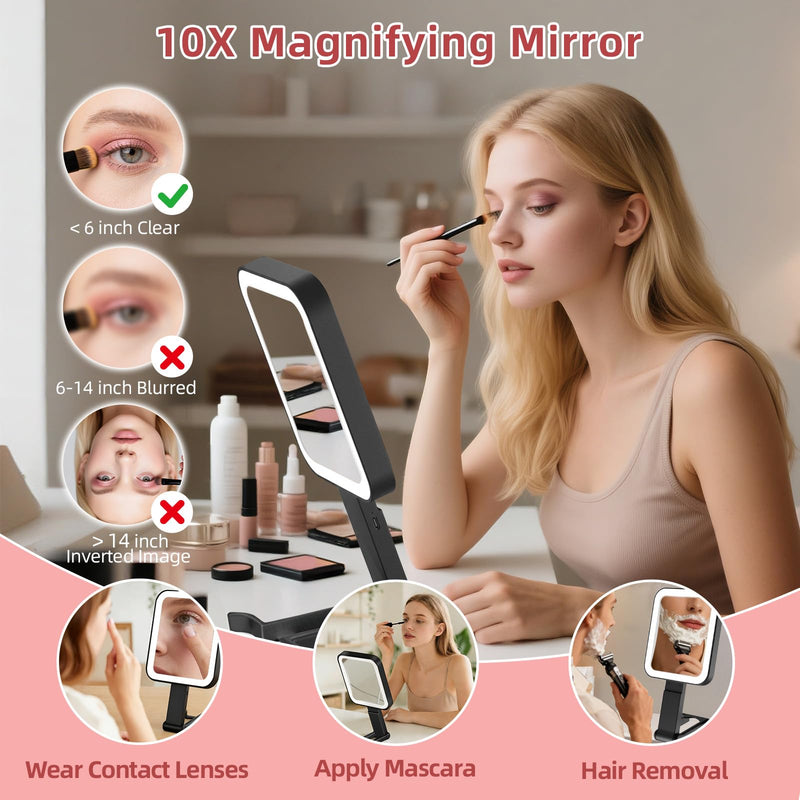 Travel Makeup Mirror with Lights, 1500mAh Rechargeable, Double-Sided 10X/1X Magnification, 3 Color Lighting, Smart Touch Dimming, Precision Tweezers, Lighted Mirror for Desk, Trip, Home, Office, Black