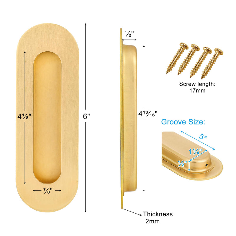 Malimali 6 Inch Gold Recessed Finger Flush Pulls for Pocket Door Closet Door, Sliding Barn Door Handle Hardware Brushed Gold Stainless Steel Oval Door Pulls (4 Pack) Oval (4 Pack)