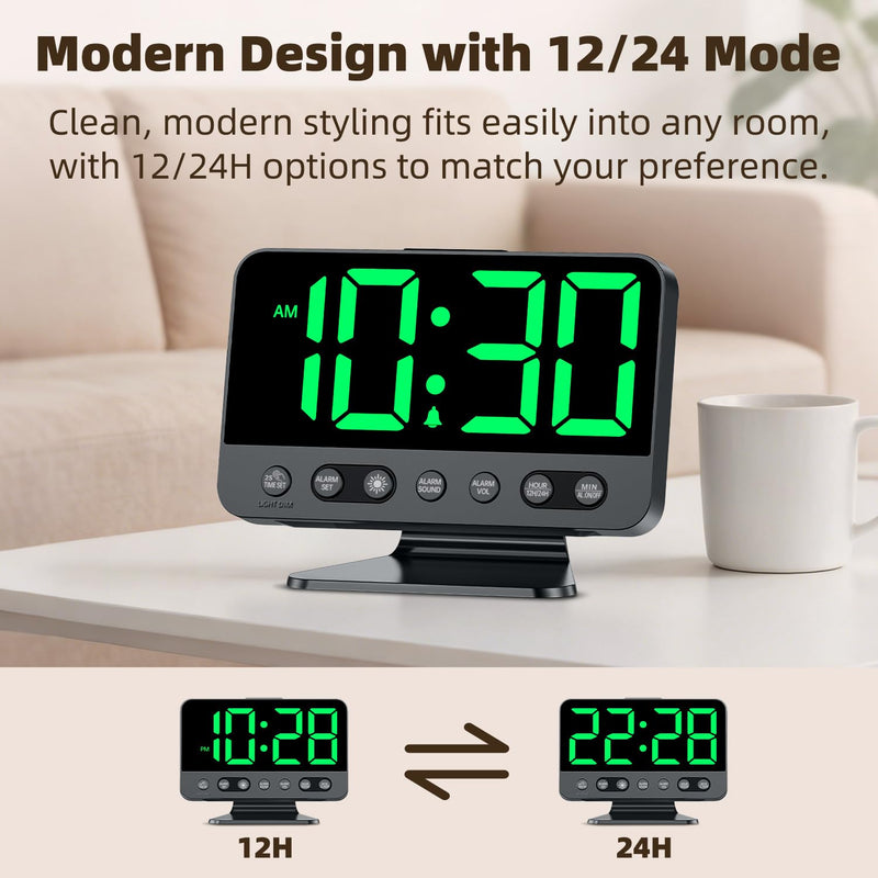 Digital Alarm Clock with Large Numbers for Bedrooms: Bold Display Readable Across The Room with 5 Level Brightness - 5 Alarm Sounds 8 Night Lights for Kids Seniors Teens - Green Black - Green Digits