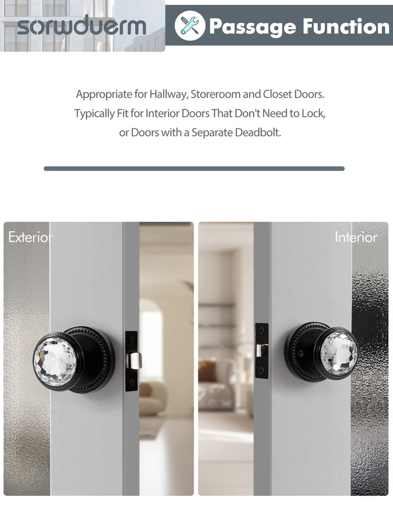 1 Pack Black Door Knobs Crystal Door Knob Passage Door Knob for Hall and Closet Glass Matte Black Zinc Alloy 1 Blakc-Passage