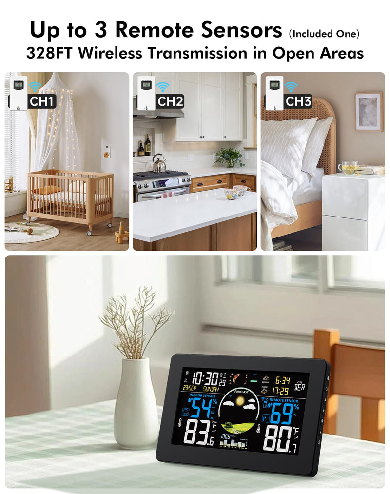Weather Station Wireless Indoor Outdoor Thermometer, 7.5" VA Display with Remote Sensor, Home Weather Station with Weather Forecast, Temperature, Humidity, Atomic Clock, Moon Phase Black