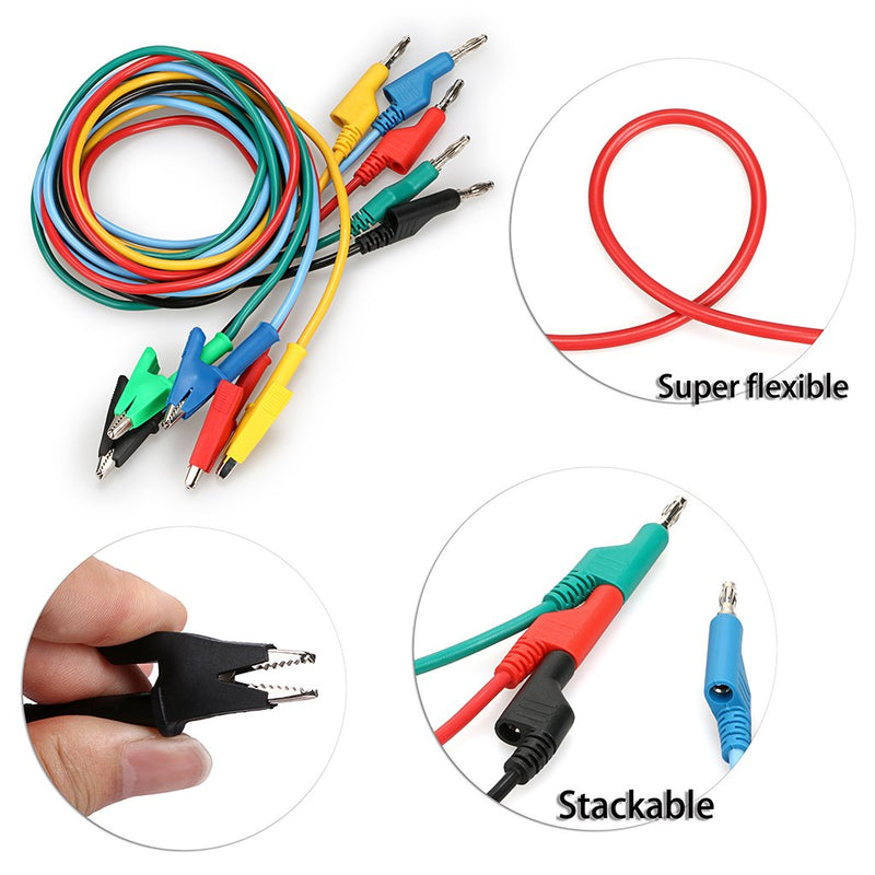 Sumnacon Multimeter Banana Plug to Crocodile Alligator Clip Test Probe, 5PCS 4mm Stackable Colorful Silicone Banana Plug to Alligator Clip Test Probe Lead Wire Cable 1M 3.3 ft