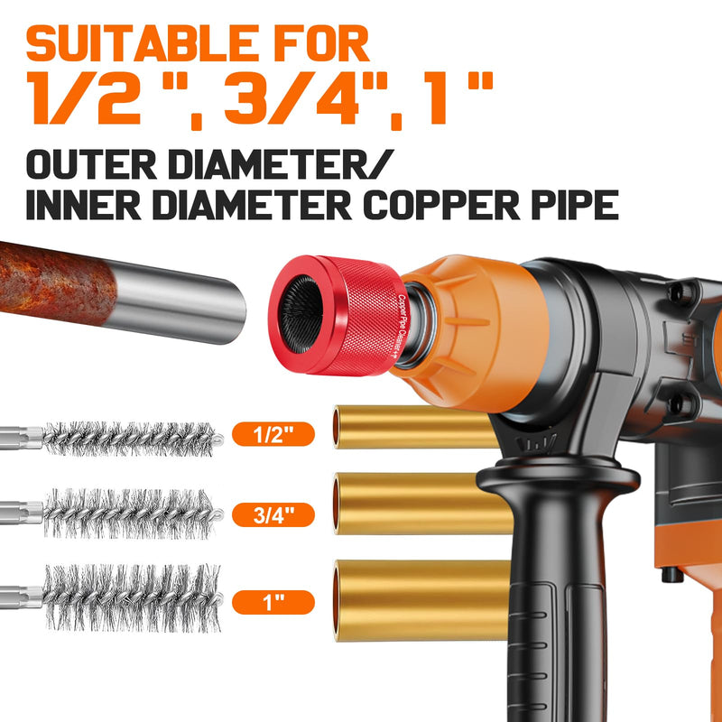 9Pcs Copper Pipe Cleaner for Drill Set, 1/2" 3/4" 1" Copper Pipe Cleaner with 1/4" Hex Shank, Replaceable Stainless Steel Brush Blades, Inner Wall Metal Tube Cleaner for Plumbing Removing Rust Stain