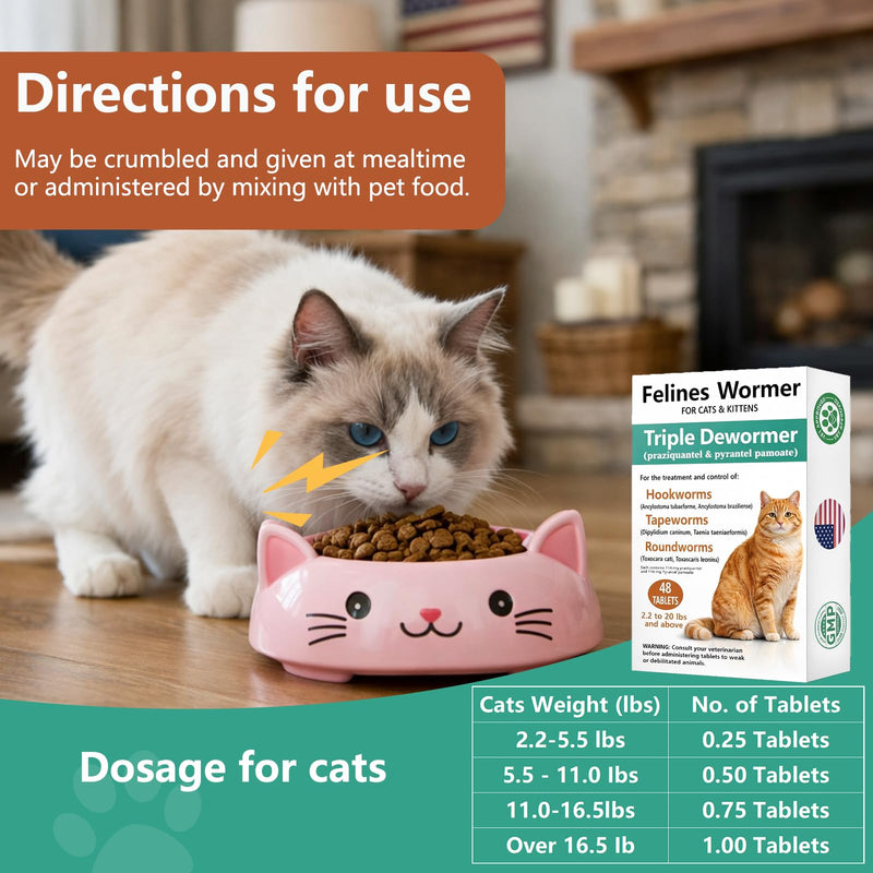 Cat Dewormer for Cats & Kittens –Broad Spectrum Triple Wormer Tablets with Praziquantel & Pyrantel Pamoate for Tapeworms, Roundworms & Hookworms, 48 Tablets