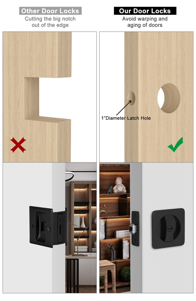 goldenwarm Black Pocket Door Lock, Rounded-Corner Square Sliding Pocket Door Hardware Privacy Pocket Door Latch for Bathroom & Bedroom - 1 Pack Privacy 1 Pack