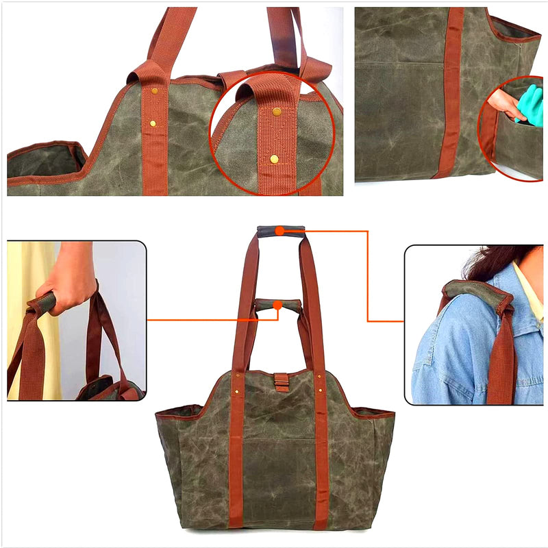 Green Leather Indoor Fireplace Log Holder - Wood Carrier for Firewood Rack & Tote Green