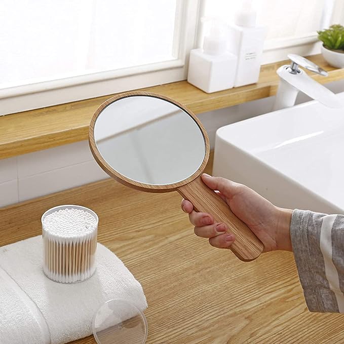 Large Hand Mirror Fashionable, Oak Tabletop Mirror Hand Mirror, Natural Wood Texture, Smooth Polished Handle, Lightweight Barber Handheld Mylar Mini Personal Handheld Makeup Mirror, Makeup Mirror, - NewNest Australia