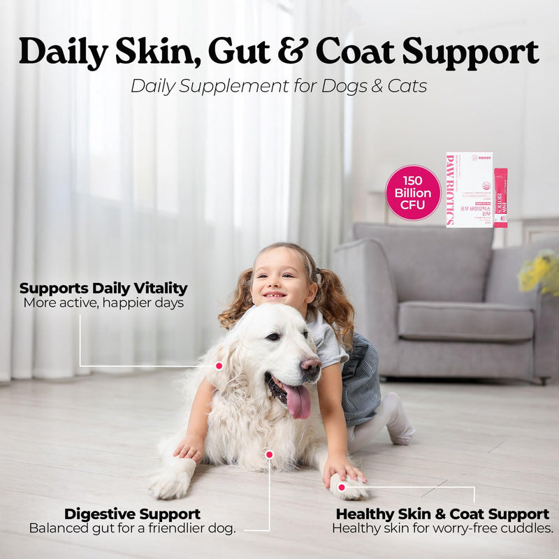 Pawbiotics Probiotics for Dogs & Cats - 7-Strain Probiotic Sticks with KT-11, Collagen & Hyaluronic Acid - Dog Skin and Coat Supplements, Gut & Immune Support - Korean Collagen, Blueberry, 30 Sticks