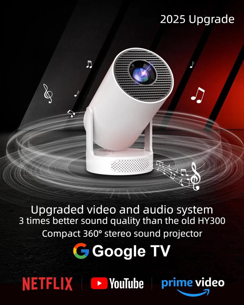 Portable Mini HY300 Pro HiFi Speaker Android TV Projector with WiFi and Bluetooth - 1080P FHD, 2x5W Speaker 360° Stereo Sound, WiFi6, Auto Keystone, Bluetooth 5.4, Compatible with Android/iOS/USB/HDMI