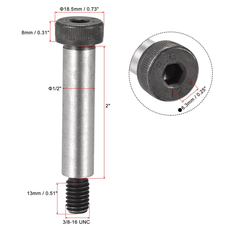 uxcell Alloy Steel Hexagon Socket Head Shoulder Screws Bolts, 2" Shoulder Length, 1/2" Shoulder Dia, 3/8-16 Thread, 2pcs 2" x 1/2"