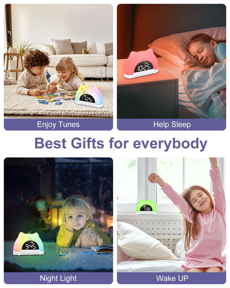 Kids Alarm Clock, Wake Up Clock with 11 Colors Night Light, Toddlers Sleep Training Clocks with 10 Ringtones, Brightness Adjustment, Dual Alarms Plug in OK to Wake Clocks for Girls Boys Contemporary