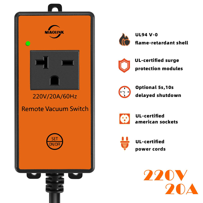 220v Automatic Remote Vacuum Switch， Wireless Remote for Dust Collector and Table Saw Tools Starter Outlet Switch, 5S 10S Delay OFF(Battery Included) 220V