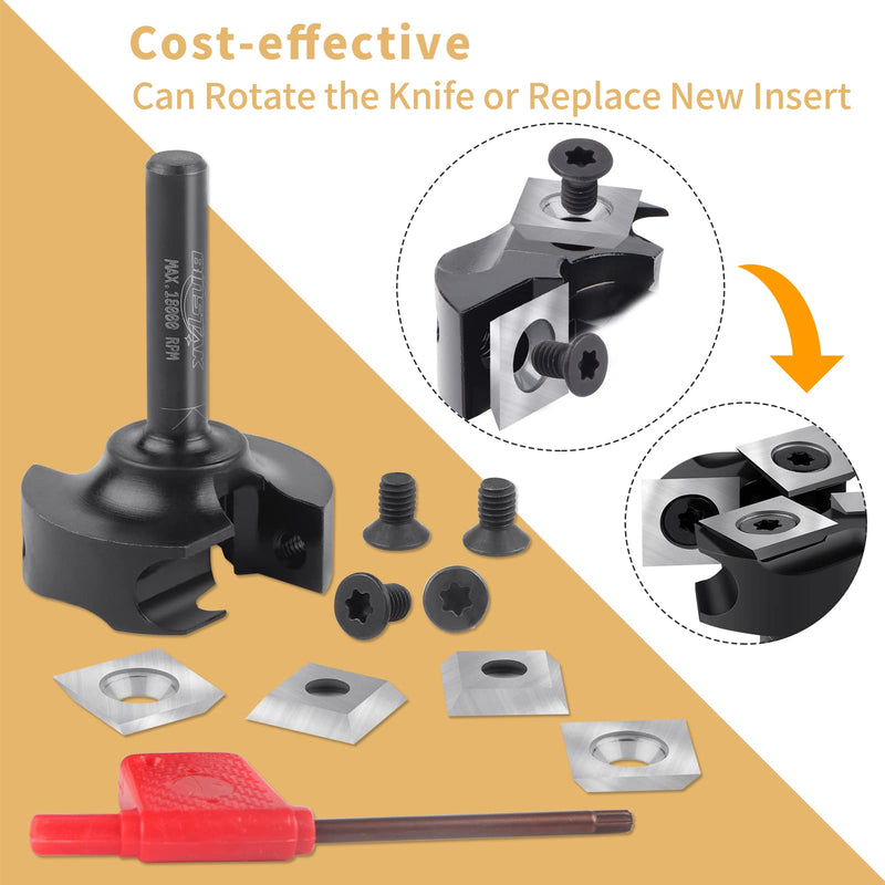 CNC Spoilboard Surfacing Router Bit 1/4" Shank, Slab Flattening Router Bit with 1-3/8" Cutting Diameter, 2+2 Flutes Insert Carbide Wood Planer Router Bits, Planing Bit for Woodworking Surfacing Bit 1/4" Shank-1-3/8" Cut Dia. (2+2 Inserts)