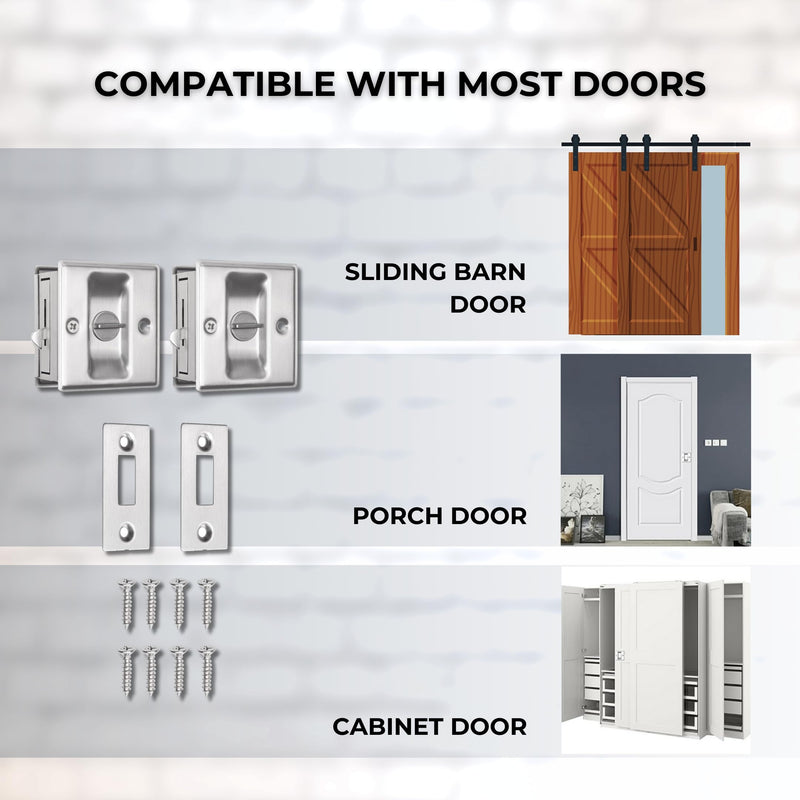 Eco-Fused Pocket Sliding Door Lock - Brushed Nickel Privacy Door Pull with Lock - Reversible - Compatible with Most Doors - Easy Grip - Doors with Thickness 1-3/8” (3.49 cm) 2x Brushed Nickle - Sliding Door Lock