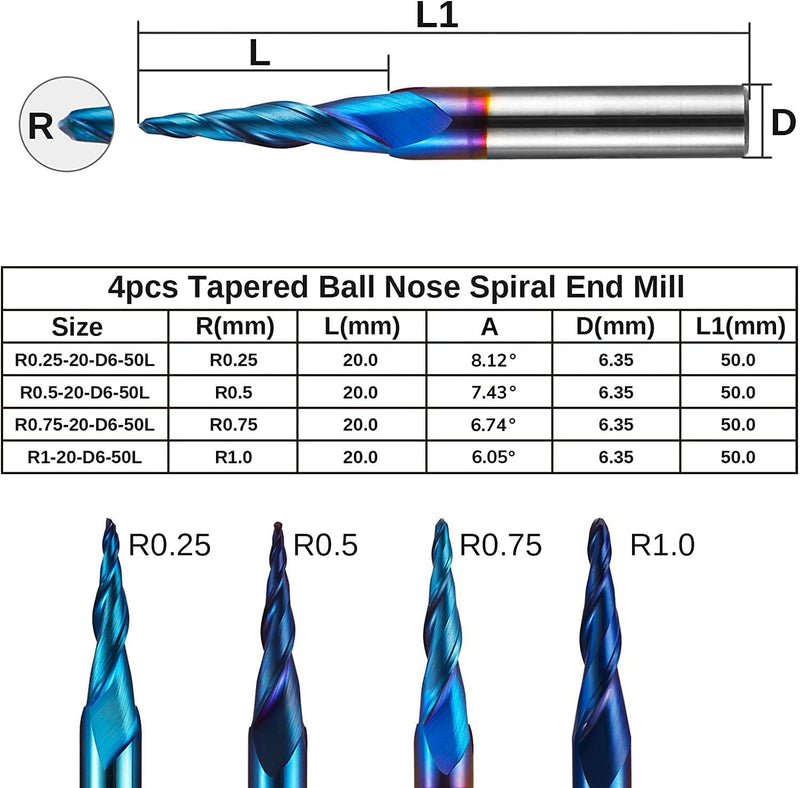 4pcs 2-Flute Tapered Ball Nose Spiral End Mill, Nano Blue Coating Tungsten Carbide CNC Router Bits, 2D and 3D Engraving Carving Woodworking Bits, R0.25-1.0, 1/4'' Shank, TB04B