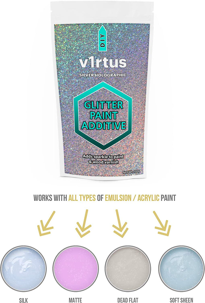 Silver Holographic Glitter Paint Additive [400g] with 4X Finishing Buffing Pads for Painting Glitter Walls - Add to Latex Paint, Interior or Exterior for Easy Glitter Sparkle Walls, Ceilings Silver Holographic