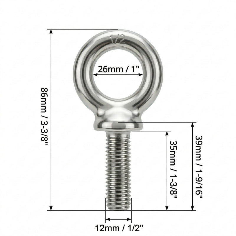 HomelyNest Eye Bolt 1/2"-13 x 1-1/2" - Heavy Duty 304 Stainless Steel Shoulder Eye Bolt for Lifting, Marine Grade, Machinery, 10 Packs