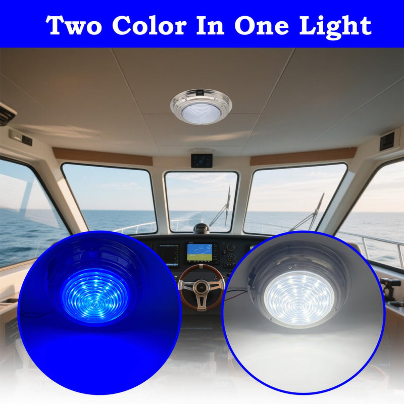 Marine Boat Dome Light, Dual Color 7" 12V Interior Cabin Lights with Toggle Switch, Stainless Steel Surface Mount (White|Blue) White | Blue