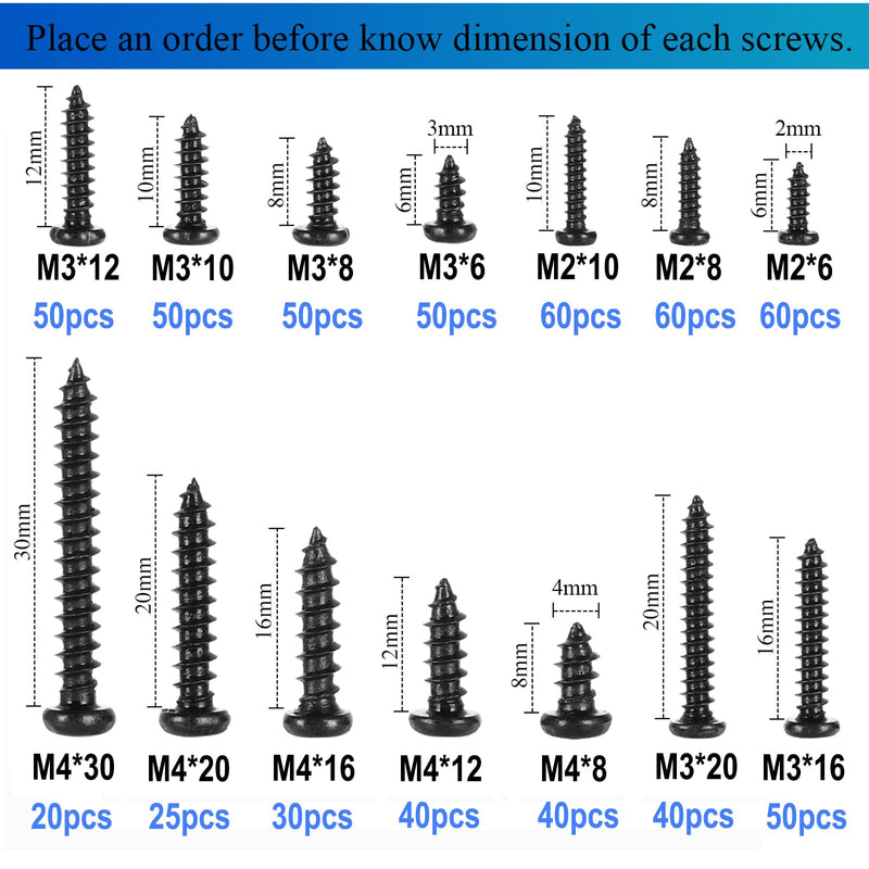 625pcs M2 M3 M4 Phillips Pan Head Self-Tapping Wood Screws,14 Sizes Cross Recessed Round Head Self Tapper Screws Assortment Kit for Wood,Plastic and Soft Metal,Black Carbon Steel,Sharp Point Black:625Pcs Pan Head M2-M3-M4
