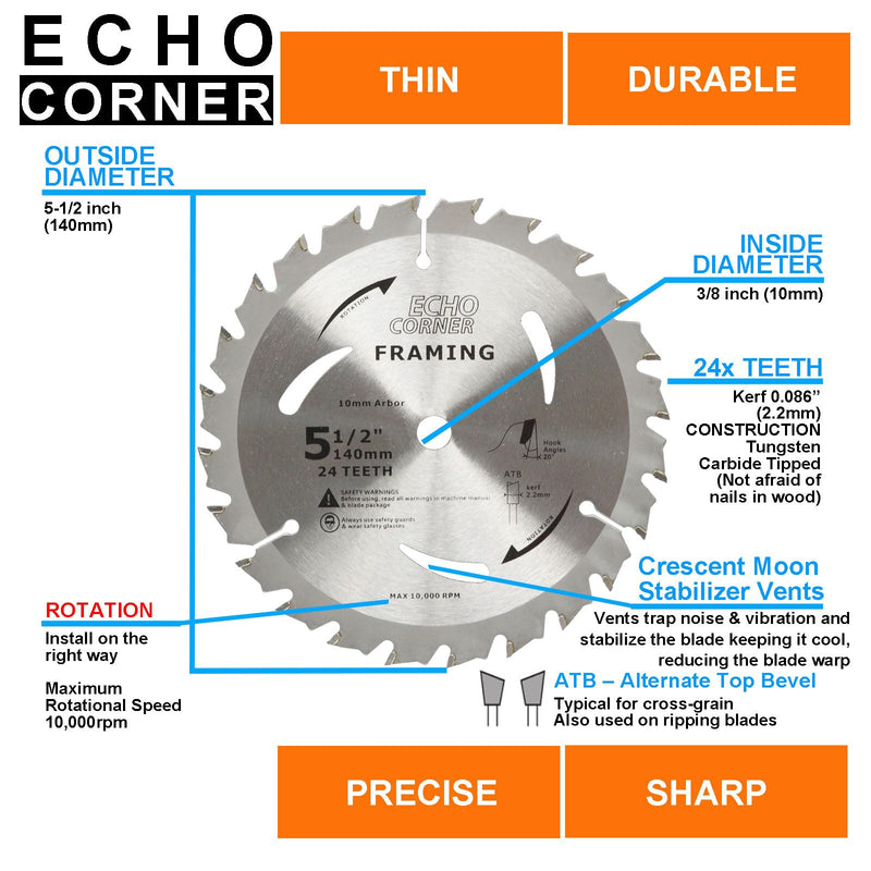5-1/2" (10mm Arbor) Circular Saw Blades 48Tooth+24Tooth, Heavy Duty Combo Pack Carbide TCT Fine Cut Fine Finish Crosscut Framing Ripping Wood Plywood MDF Plastic Veneer Lumber Laminate 5-1/2" x 10mm Arbor x 24T/48T