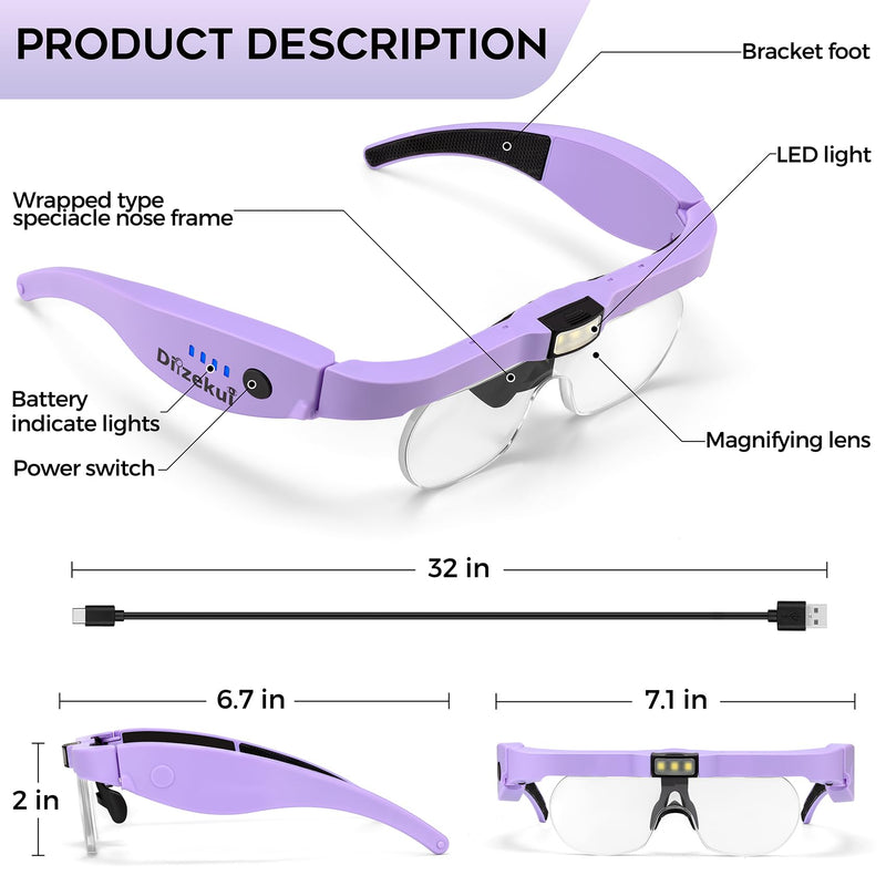 Magnifying Glass with Light 1.5X to 5.0X, Rechargeable Magnifying Glasses Head Magnifier, Lighted Magnify Glass with 4 Detachable Lenses, Magnifier Headset for Close Work Hobbies Jewelry Purple