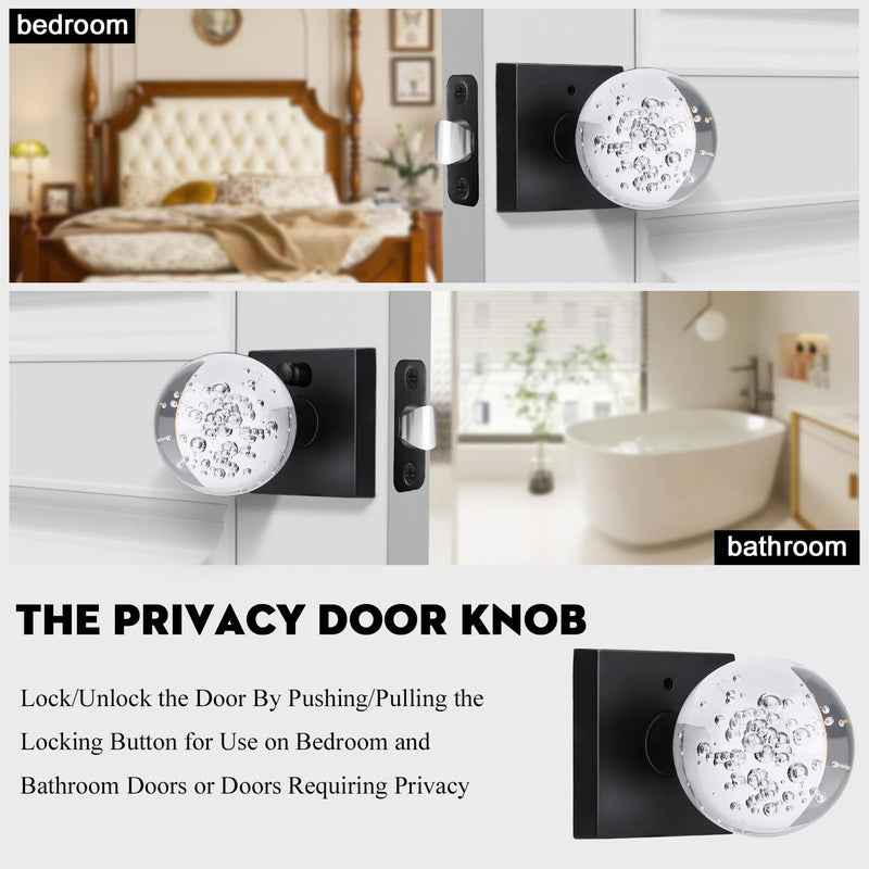 Glass Crystal Door Knobs Interior with Lock, Round Clear Bubble Ball Modern Classic Matte Black Privacy Door Knobs for Bedroom Bathroom