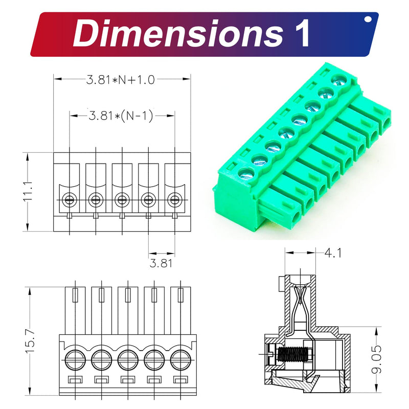 Tcenofoxy 3.81mm 2/3/4/5/6/7/8/9/10/11/12/13/14/15/16/18/20/24 Pin Phoenix Connector PCB Screw Terminal Block Connector (4Pcs 3.81M-8Pin) 3.81MM-8P-4Pcs