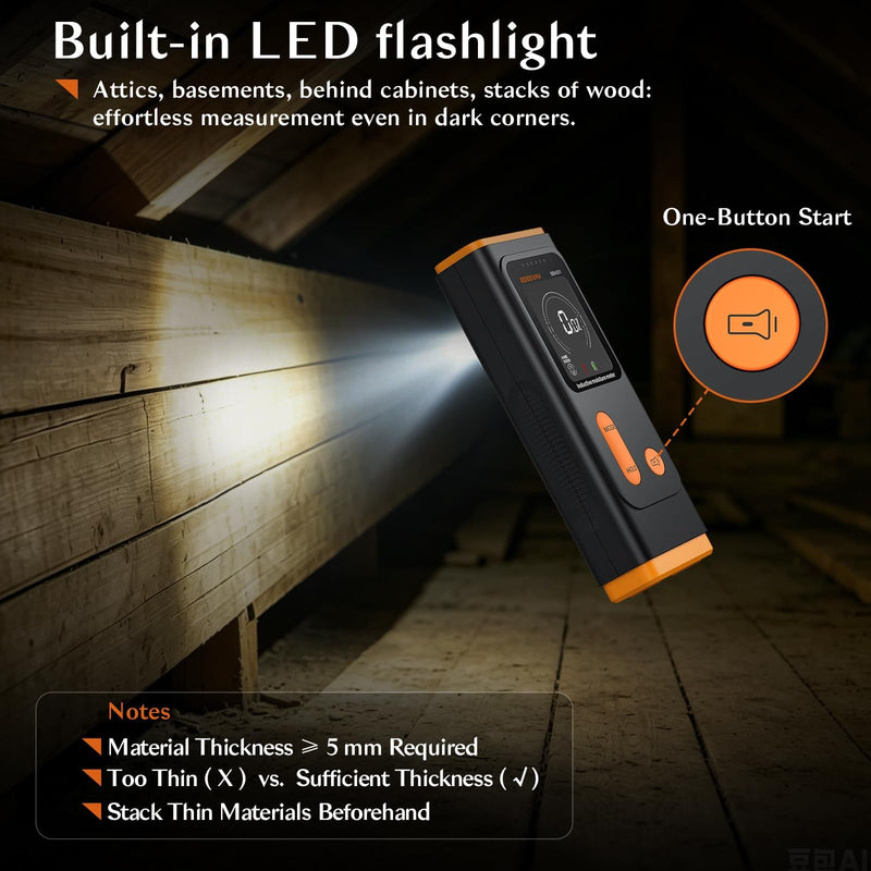 Pinless Moisture Meter with 4 Material Modes & 3- Color Alert, Non‑Destructive Moisture Detector with VA Color Display & Flashlight for Wall, Masonry, Softwood, Hardwood