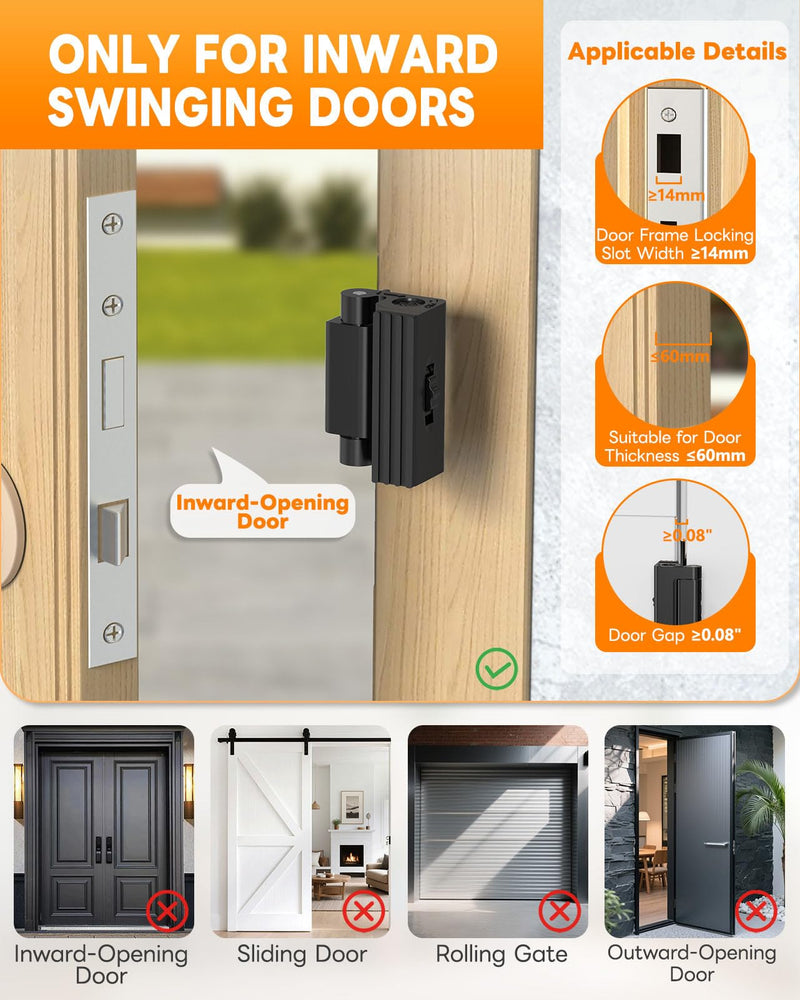 Portable Door Reinforcement Lock for Travel & Home, No Screws Instant Install Safety Lock for Inward Swing Front Door, Hotel, Apartment - Extra Latch from Inside Withstand 800lbs (Black-3PCS) Black-3PCS