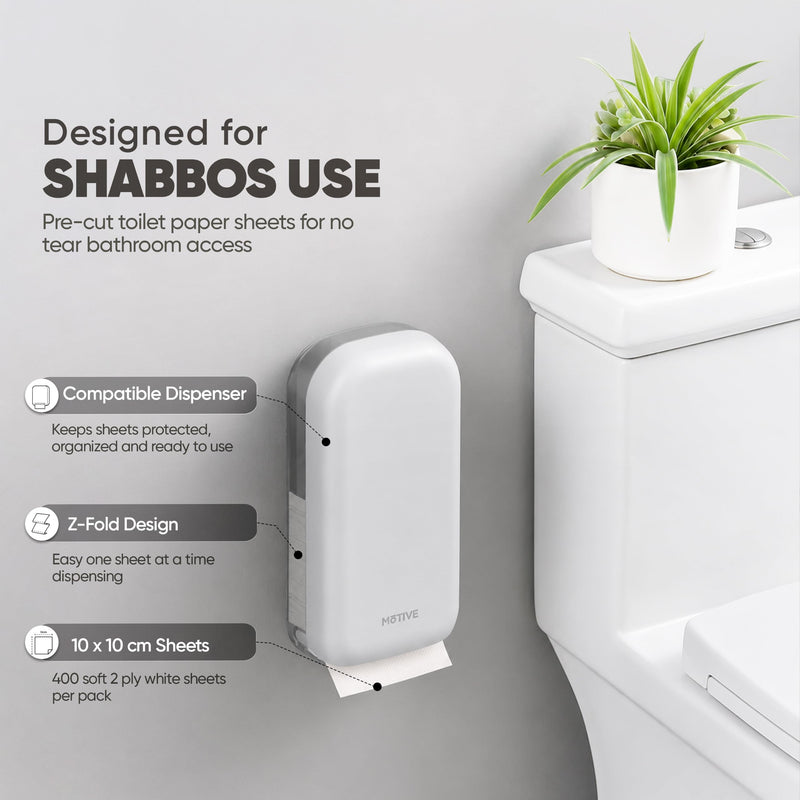 MOTIVE Shabbos Toilet Paper Dispenser, Holds up to 600 Sheets, Pre Cut Shabbos Tissue Dispenser with Lock Key, Adhesive or Drilling Compact Wall Mount, Easy Installation for Bathroom (White)