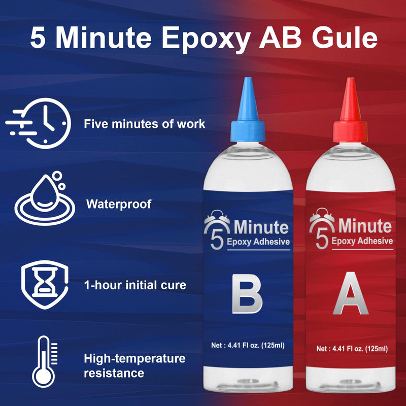5 Minute Epoxy Glue 8.8oz, Tough Durable Heat-Resistant Epoxy Glue, Quick Cure Clear 2 Part Epoxy Repairing for Metal, Wood, Porcelain, Ceramics, Glass, Most Plastics