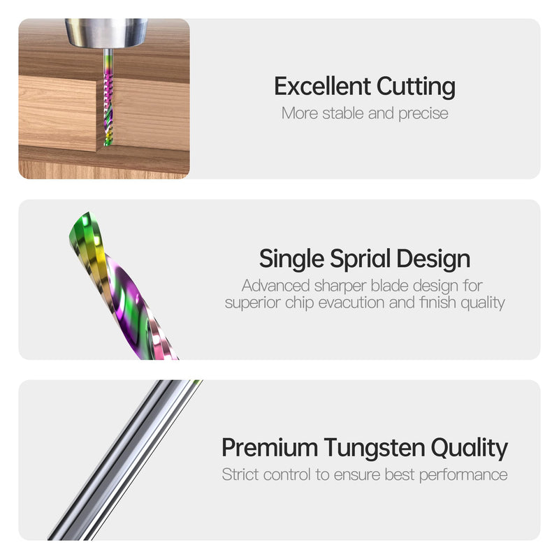 HUHAO CNC Single Flute Router Bits 1/8 Inch Shank,1/8 Inch Cutting Dia,17mm（0.67" ） Cutting Length,Solid Tungsten Carbide Alloy End Mill, DLC Coating Milling Cutter for Aluminium,5 Pack 5pc-1/8" Shank-1/8" Dia-7/8" CEL