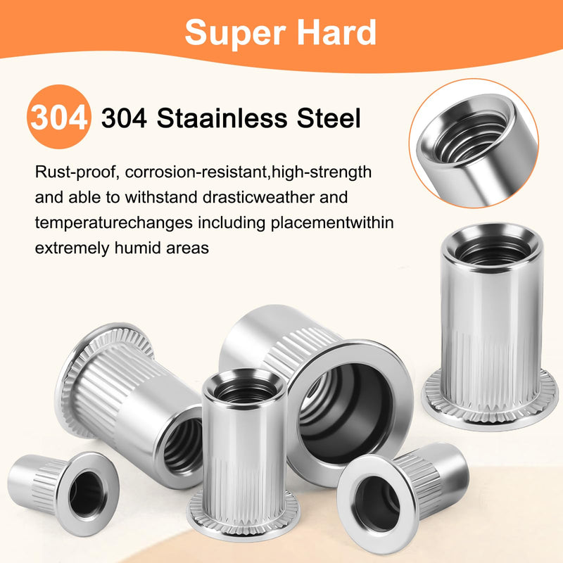 Metric Rivet Nut Assortment Kit, 105Pcs 304 Stainless Steel SAE Rivet Nut, M3 M4 M5 M6 M8 UNC Flat Head Rivnut Set, Threaded Insertion Nut Sets for Automotive, Mechanical and Other Equipment
