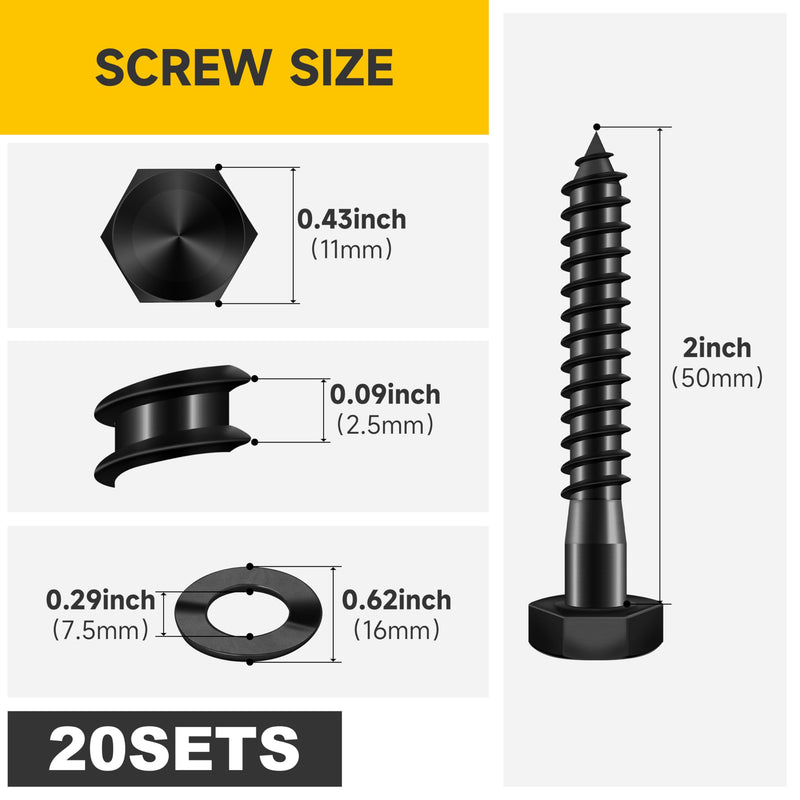 (12Sets) 5/16" x 2" Hex Head Lag Bolts, Heavy Duty Lag Screws with Washers, 304 Stainless Steel Bolts 18-8, Lag Screws Wood Screws, Partial Thread Black Oxide, 5/16 Bolt by Mywish 5/16 x 2" 12