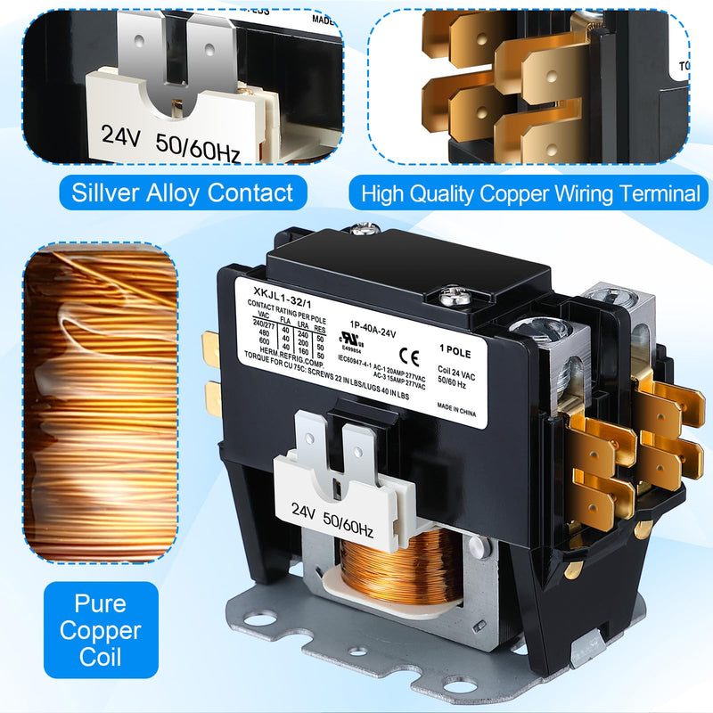 Carrier HVAC Motor Contactor, 1 Pole 24V Coil 40 Amp AC Contactor Furnace Replacement Relays, AC Definite Purpose Relays, Air Conditioner Condenser Compressor