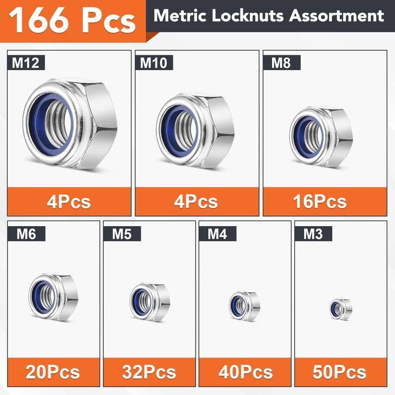 166 Pcs Metric Locknuts Assortment Kit, M3 M4 M5 M6 M8 M10 M12 Nylon Insert 304 Stainless Steel Hex Lock Nuts Hardware Nut Metric Locknuts 166Pcs