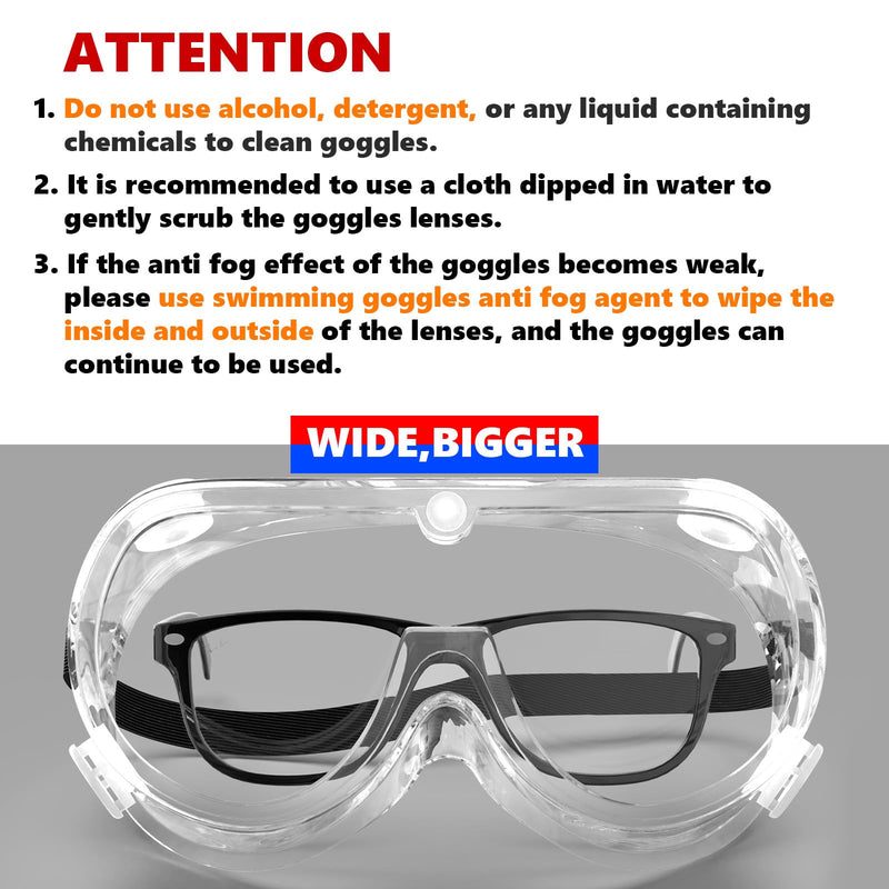 Anti-Fog Protective Safety Goggles Clear Lens Wide-Vision Adjustable Chemical Splash Eye Protection Soft Lightweight Eyewear Transparent