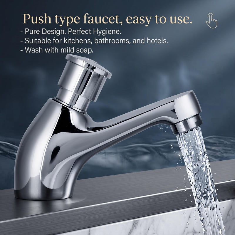 Time Delay Faucet G1/2 Thread, Self Closing Water Saving Tap Copper Chrome Plated, Single Cold Metering Valve for Public Outdoor and Laundry Utility