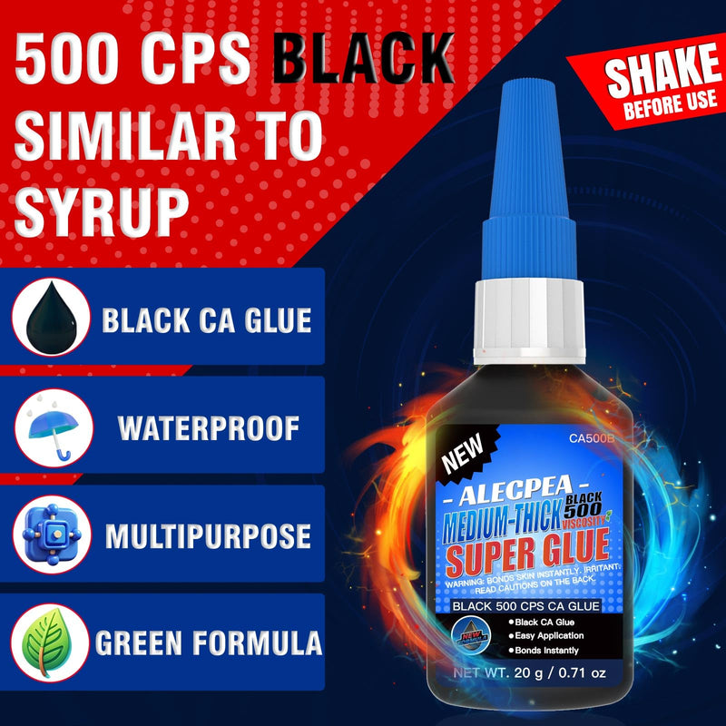 20g Black Medium-Thick CA Glue (500 CPS),Premium Cyanoacrylate Super Glue for Wood, Glass, Metal, Paper, Leather, Plastic, Ceramic, Rubber, Jewelry, Woodworking, Hobby Models, and Craft Project 20g/1Pack Black/500CPS